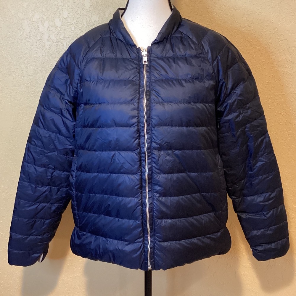 Athleta Blue/Gray Reversible Puffer Coat, Size Medium, 100% Nylon, Goose Down
